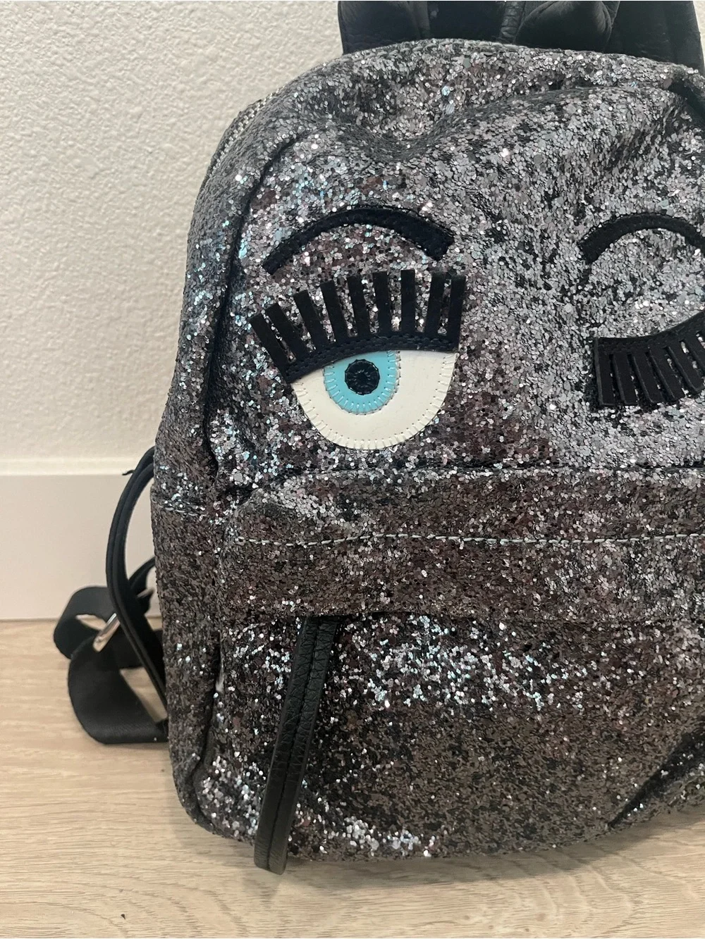 Chiara Ferragni Flirting Glitter Backpack Dark Silver Black Eye Leather Mini